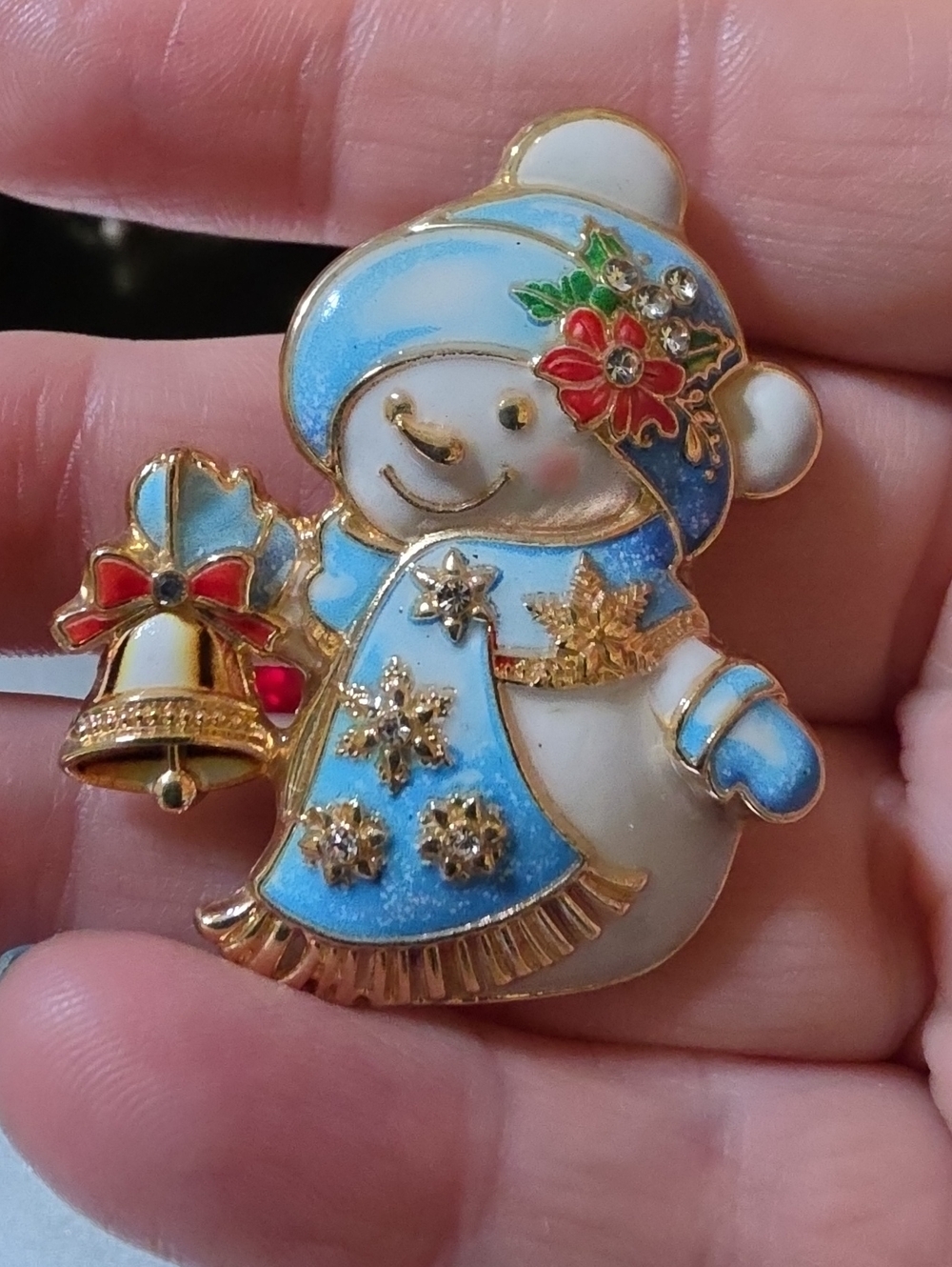 A56- Festive Blue Snowman Brooch with Bell
